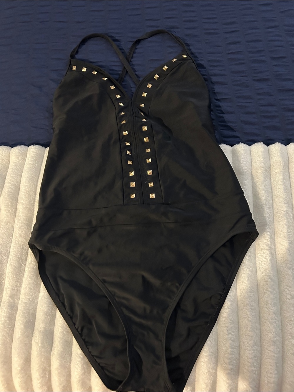 Bleu Rod Beattie Black One-Piece Swimsuit with Gold Stud Details